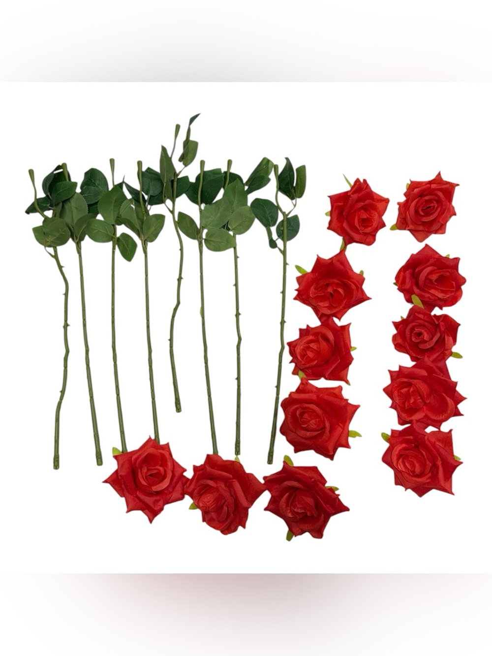 Pack of artificial rose flowers with detachable stems, 8 stems, 12 flowers.